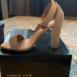 Size 10 Nude suede heels with rhinestone detail